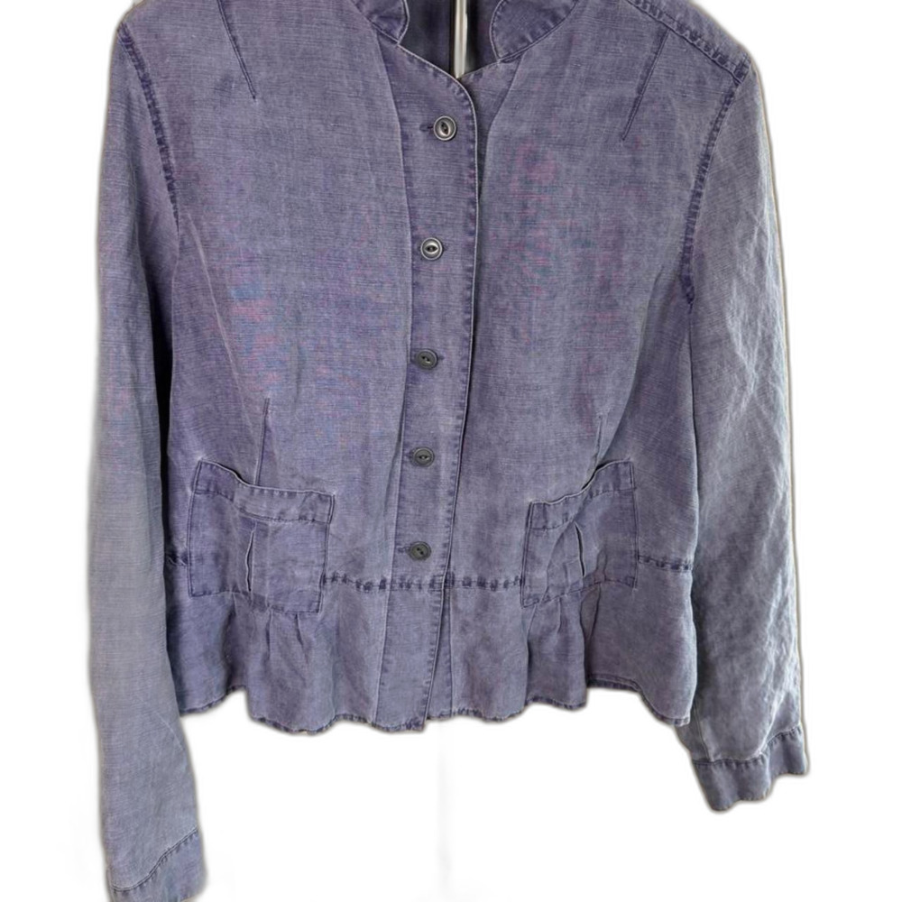 Blue Linen Blend‎ Ruffle Hem Jacket Women's Stand Collar Button Front Coat